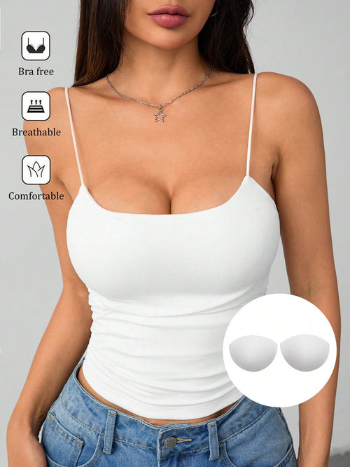 EZwear Plus Size White Strap Cami Top With Cup Pad, College Student, Suitable For Spring And Summer