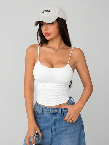 EZwear Plus Size White Strap Cami Top With Cup Pad, College Student, Suitable For Spring And Summer