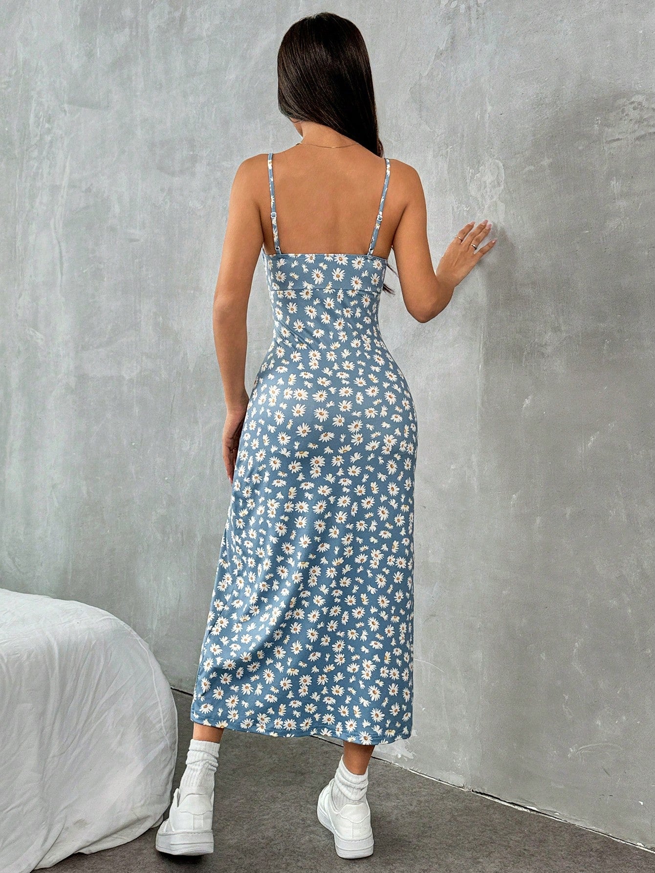 EZwear Printed Knit Spaghetti Strap Split Hem Dress For Women, Vacation,Summer Dresses For Women