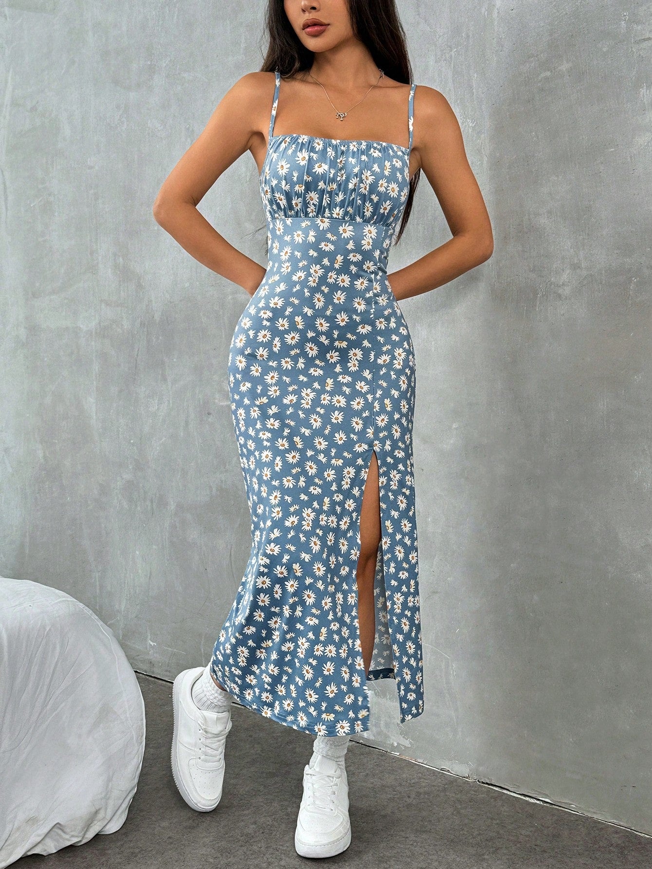 EZwear Printed Knit Spaghetti Strap Split Hem Dress For Women, Vacation,Summer Dresses For Women