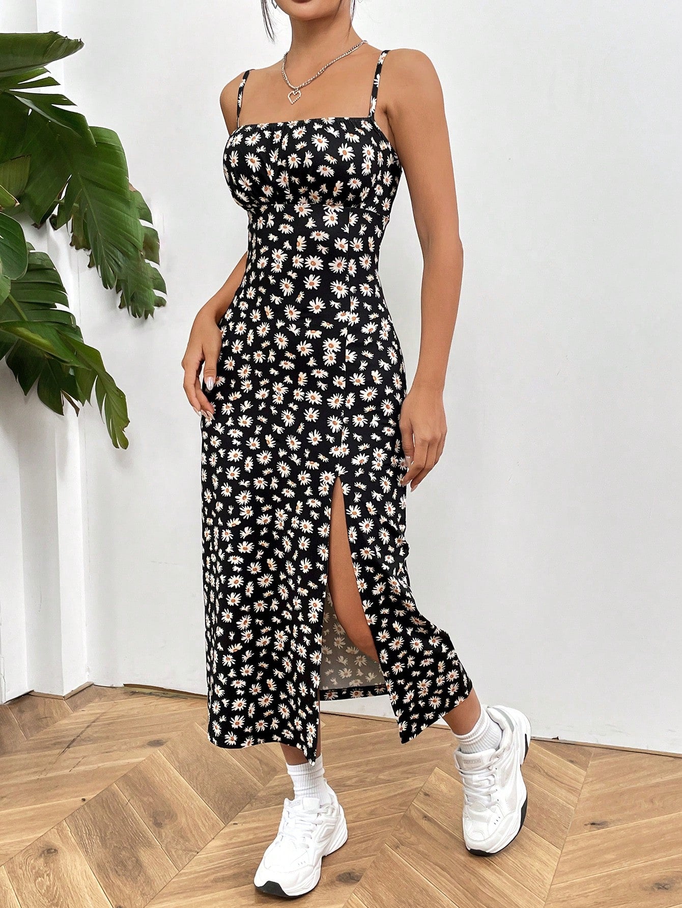 EZwear Printed Knit Spaghetti Strap Split Hem Dress For Women, Vacation,Summer Dresses For Women
