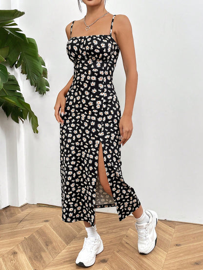 EZwear Printed Knit Spaghetti Strap Split Hem Dress For Women, Vacation,Summer Dresses For Women