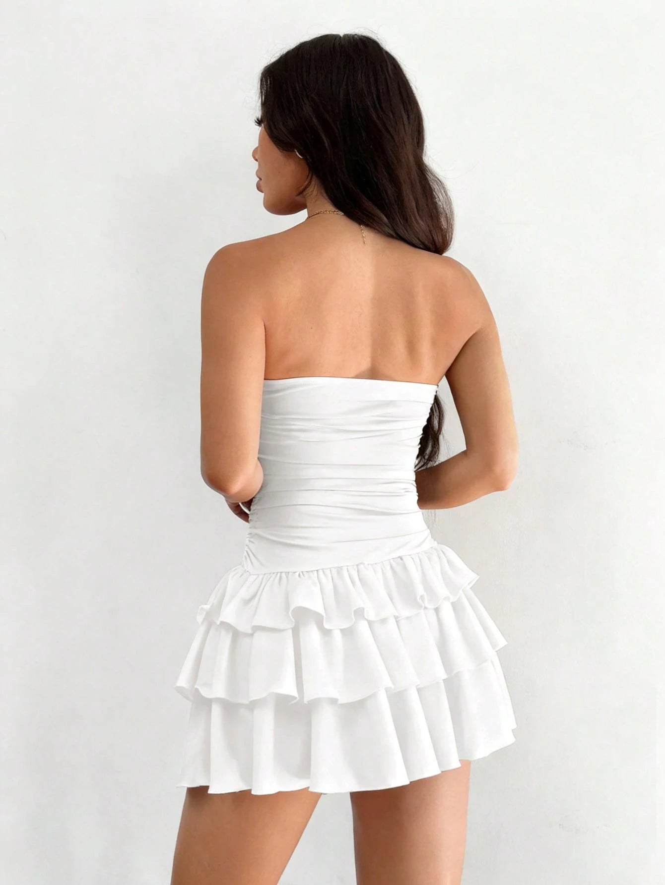 EZwear Sleeveless White Mini Dress Featuring A Strapless Design Tiered Layers And Line Hem For Women Short Vacation Ruffle Tube