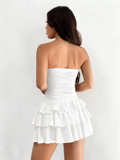 EZwear Sleeveless White Mini Dress Featuring A Strapless Design Tiered Layers And Line Hem For Women Short Vacation Ruffle Tube