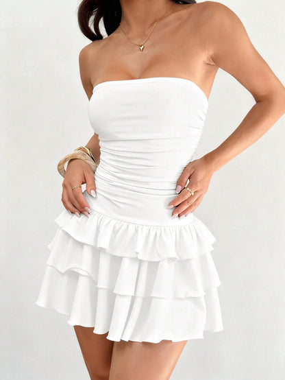 EZwear Sleeveless White Mini Dress Featuring A Strapless Design Tiered Layers And Line Hem For Women Short Vacation Ruffle Tube