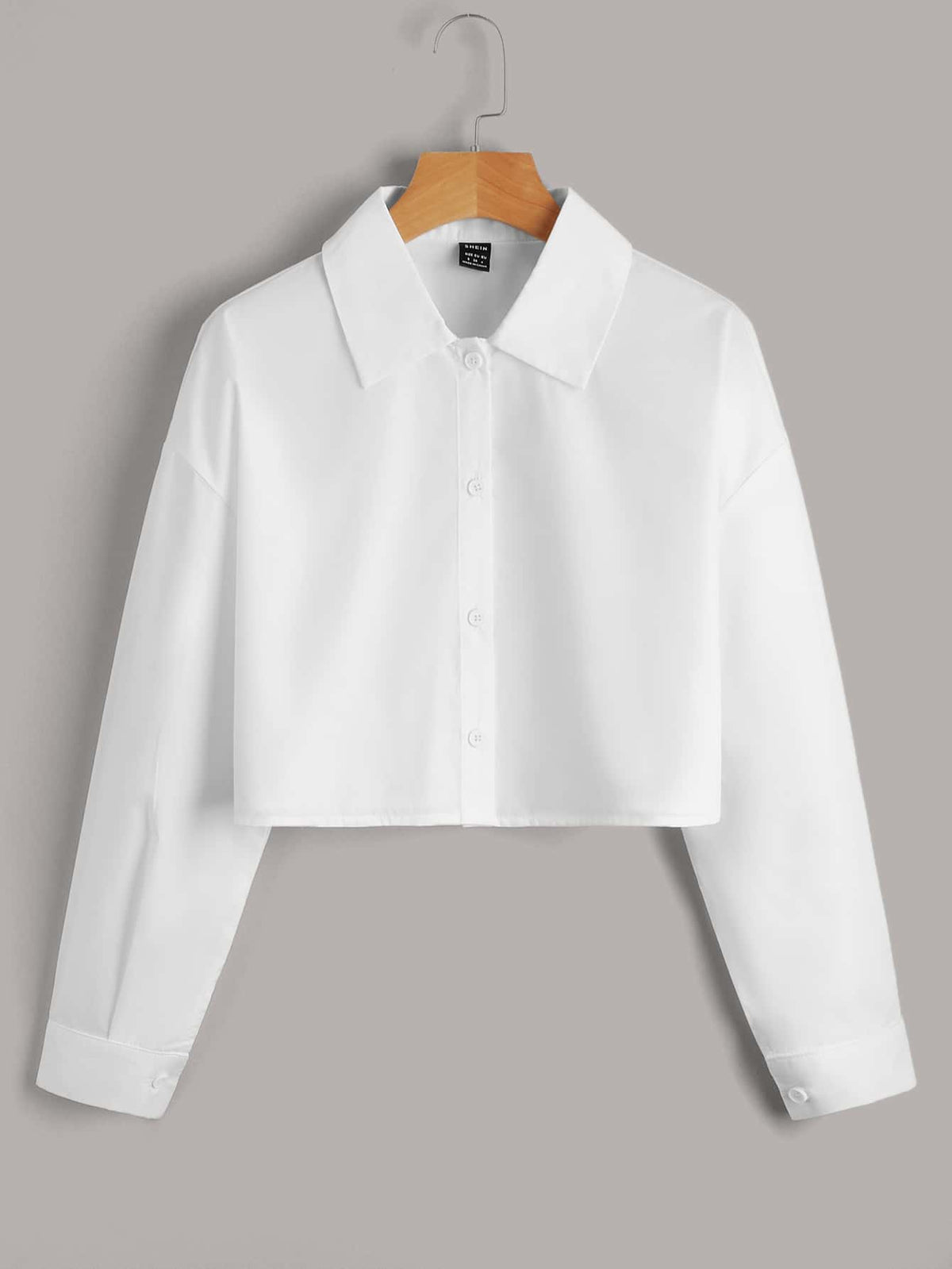 EZwear Solid Button Front Crop White Shirt,Long Sleeve Tops