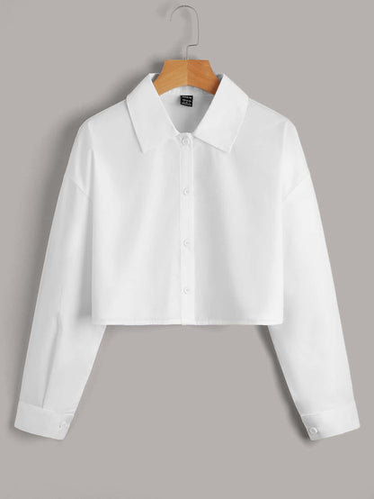 EZwear Solid Button Front Crop White Shirt,Long Sleeve Tops