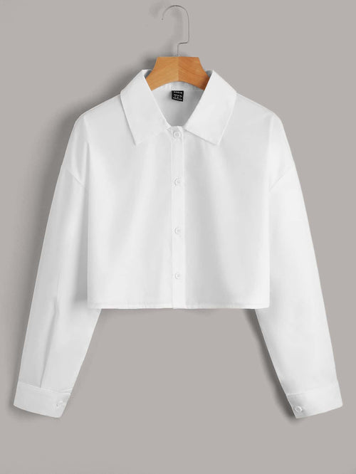 EZwear Solid Button Front Crop White Shirt,Long Sleeve Tops