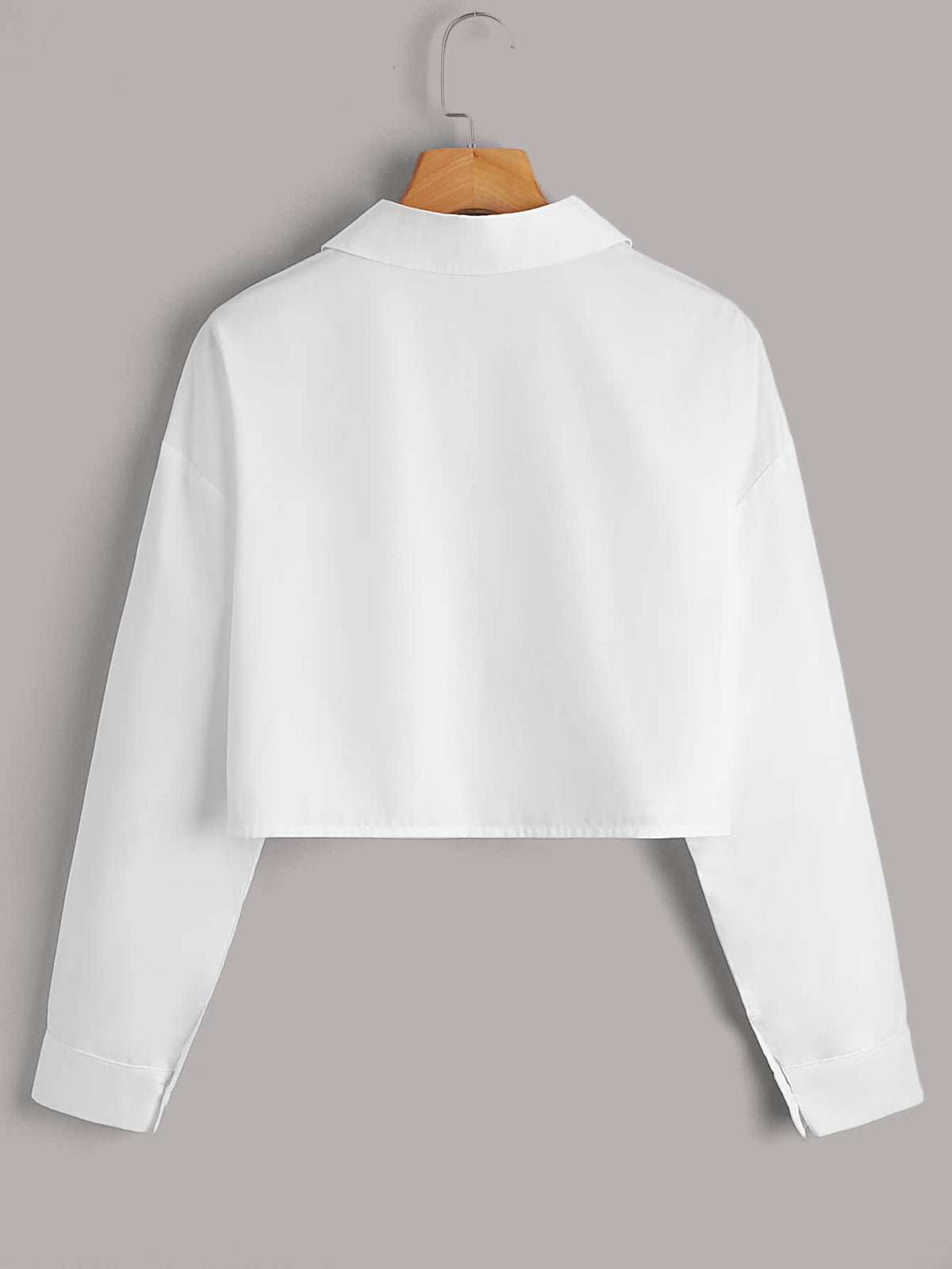 EZwear Solid Button Front Crop White Shirt,Long Sleeve Tops