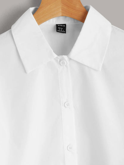 EZwear Solid Button Front Crop White Shirt,Long Sleeve Tops