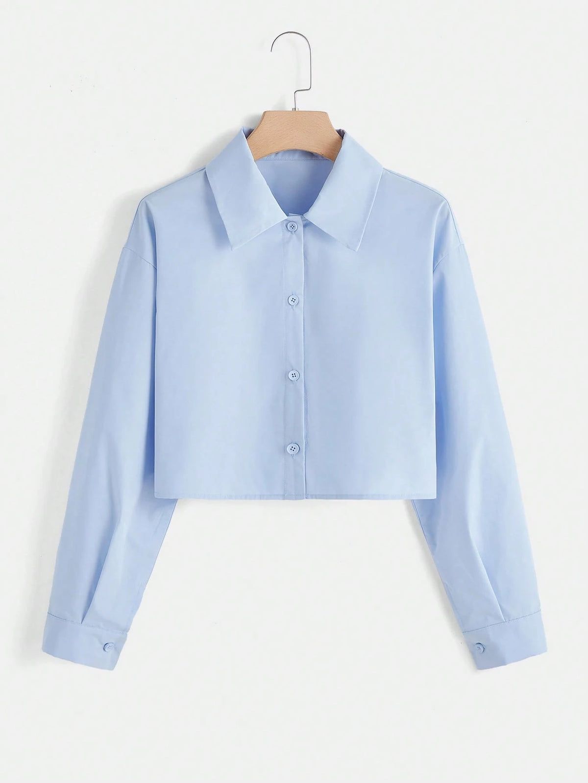 EZwear Solid Button Front Crop White Shirt,Long Sleeve Tops
