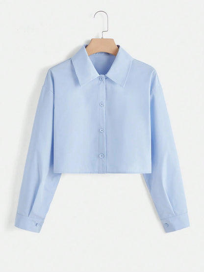 EZwear Solid Button Front Crop White Shirt,Long Sleeve Tops
