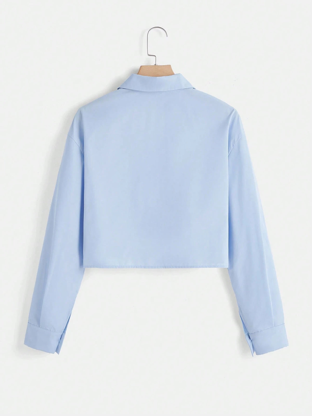 EZwear Solid Button Front Crop White Shirt,Long Sleeve Tops