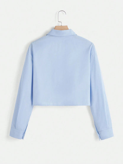 EZwear Solid Button Front Crop White Shirt,Long Sleeve Tops