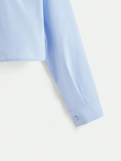 EZwear Solid Button Front Crop White Shirt,Long Sleeve Tops