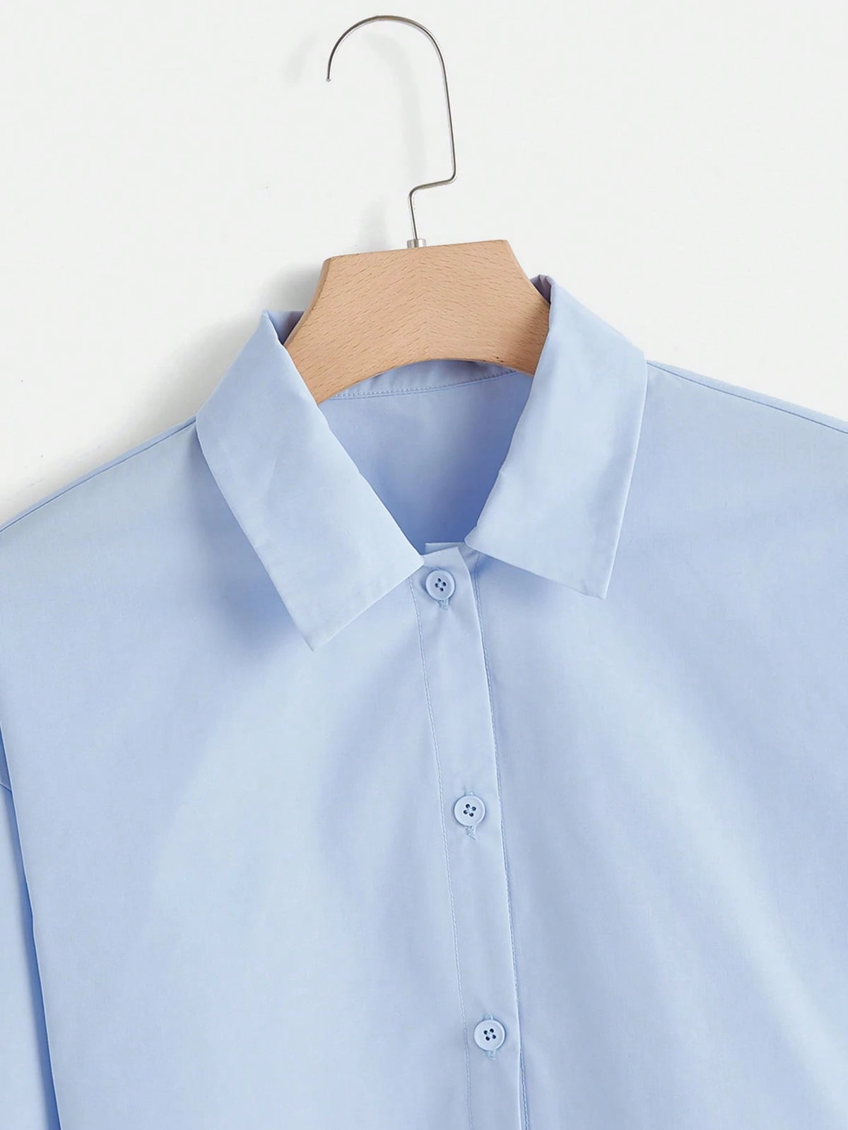 EZwear Solid Button Front Crop White Shirt,Long Sleeve Tops