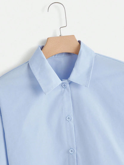 EZwear Solid Button Front Crop White Shirt,Long Sleeve Tops