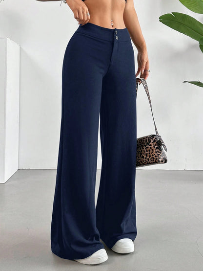 EZwear Solid High Rise Flared Straight Leg Pants