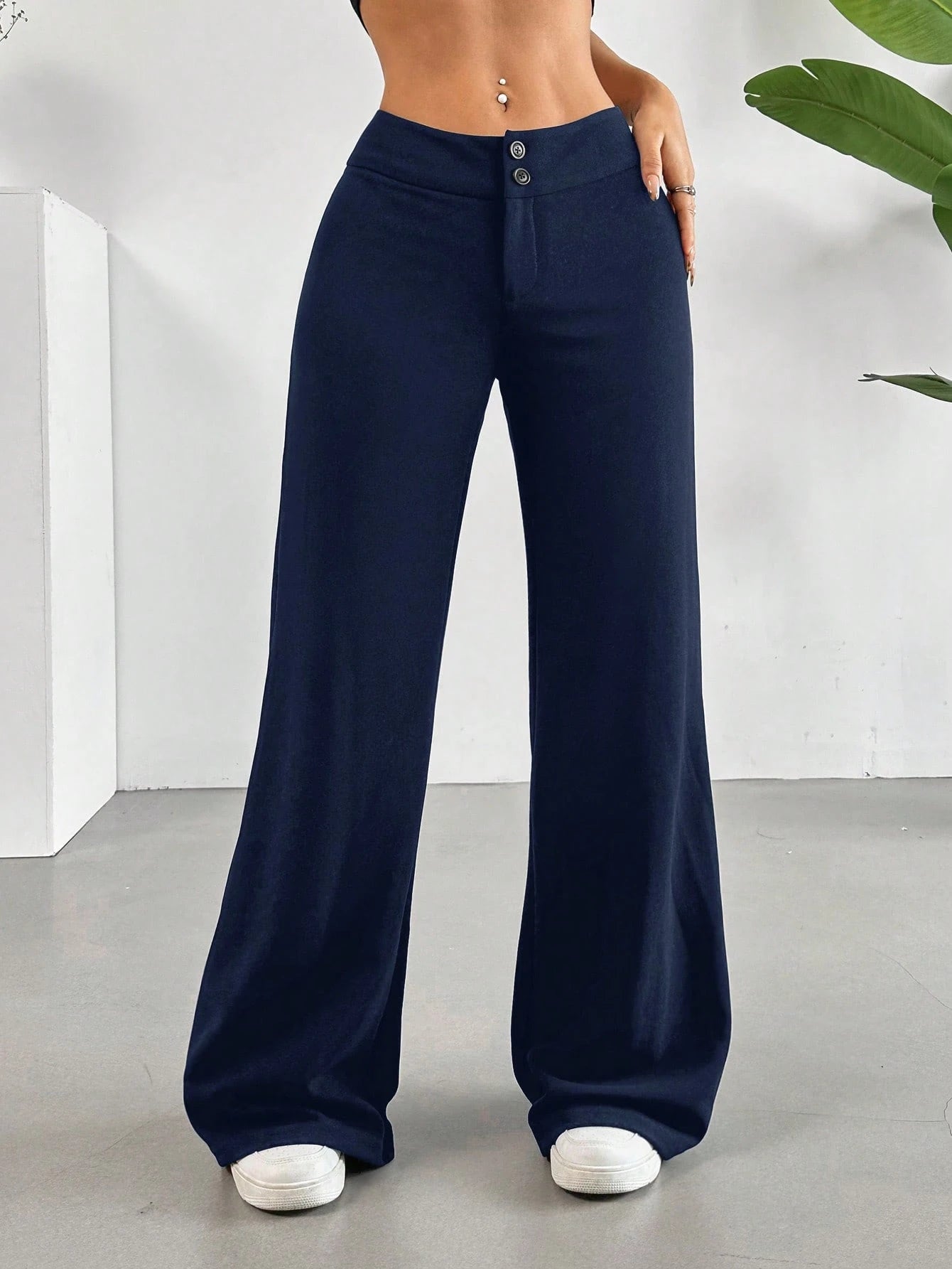 EZwear Solid High Rise Flared Straight Leg Pants