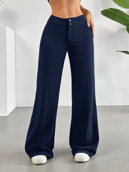 EZwear Solid High Rise Flared Straight Leg Pants