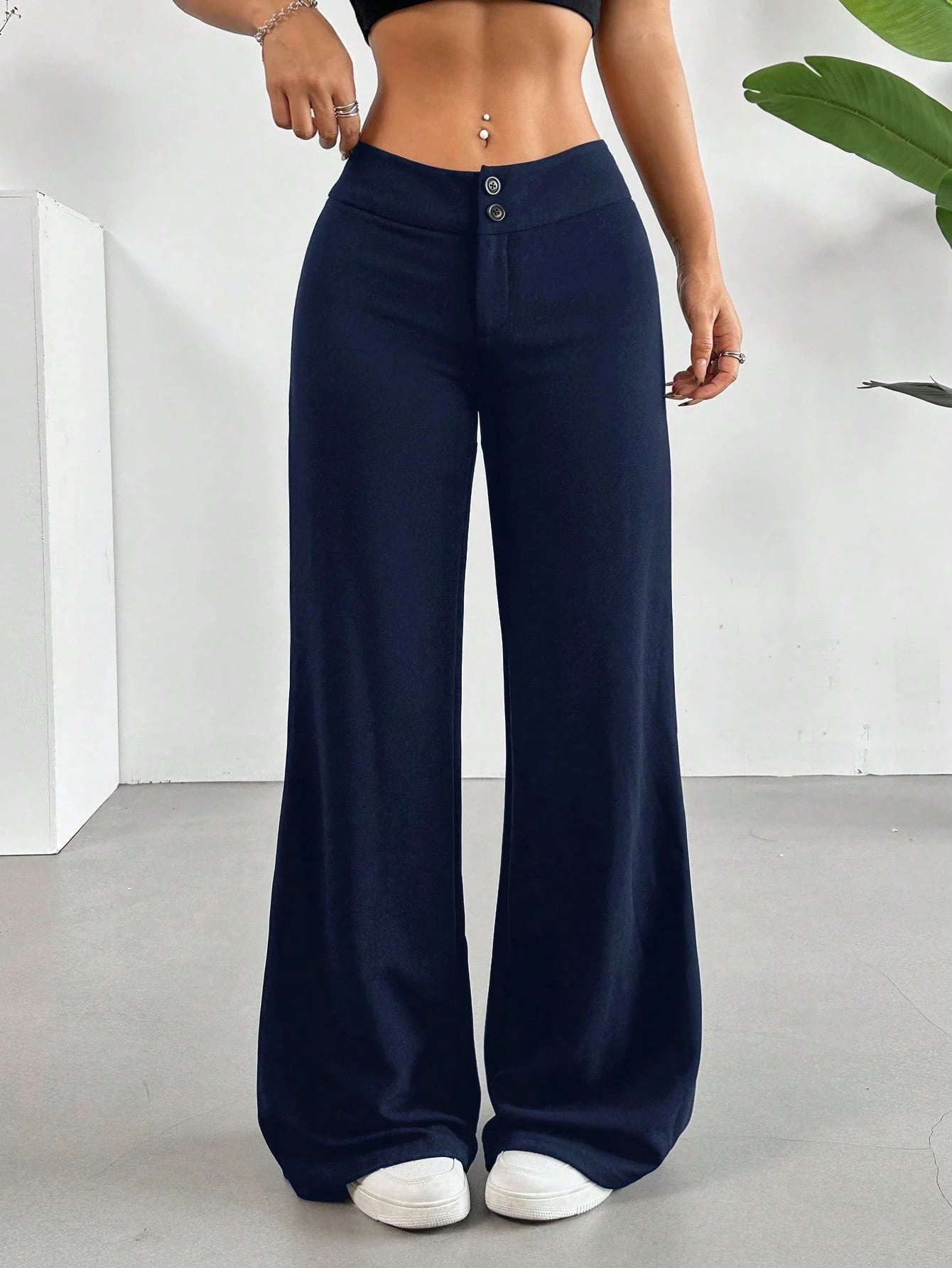 EZwear Solid High Rise Flared Straight Leg Pants