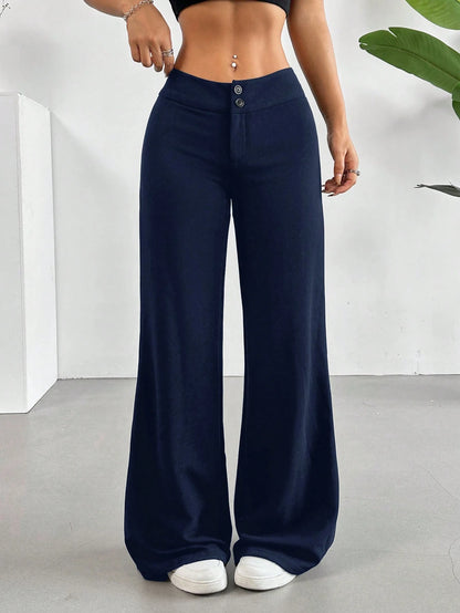 EZwear Solid High Rise Flared Straight Leg Pants