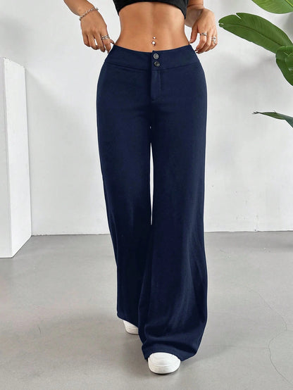 EZwear Solid High Rise Flared Straight Leg Pants