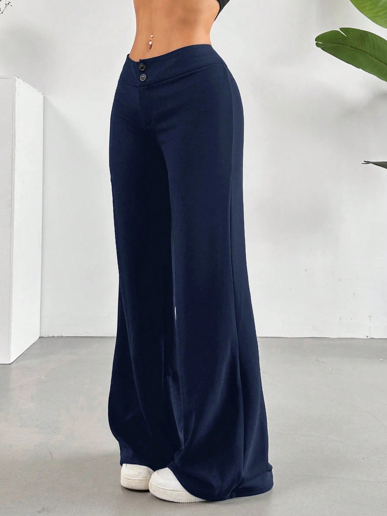 EZwear Solid High Rise Flared Straight Leg Pants