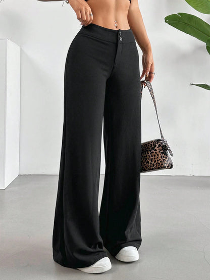 EZwear Solid High Rise Flared Straight Leg Pants