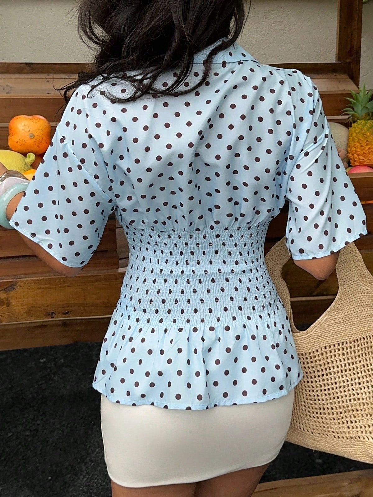 EZwear Summer Blue Polka Dot Shirred Waist Short Sleeve Blouse For Women,Summer Top