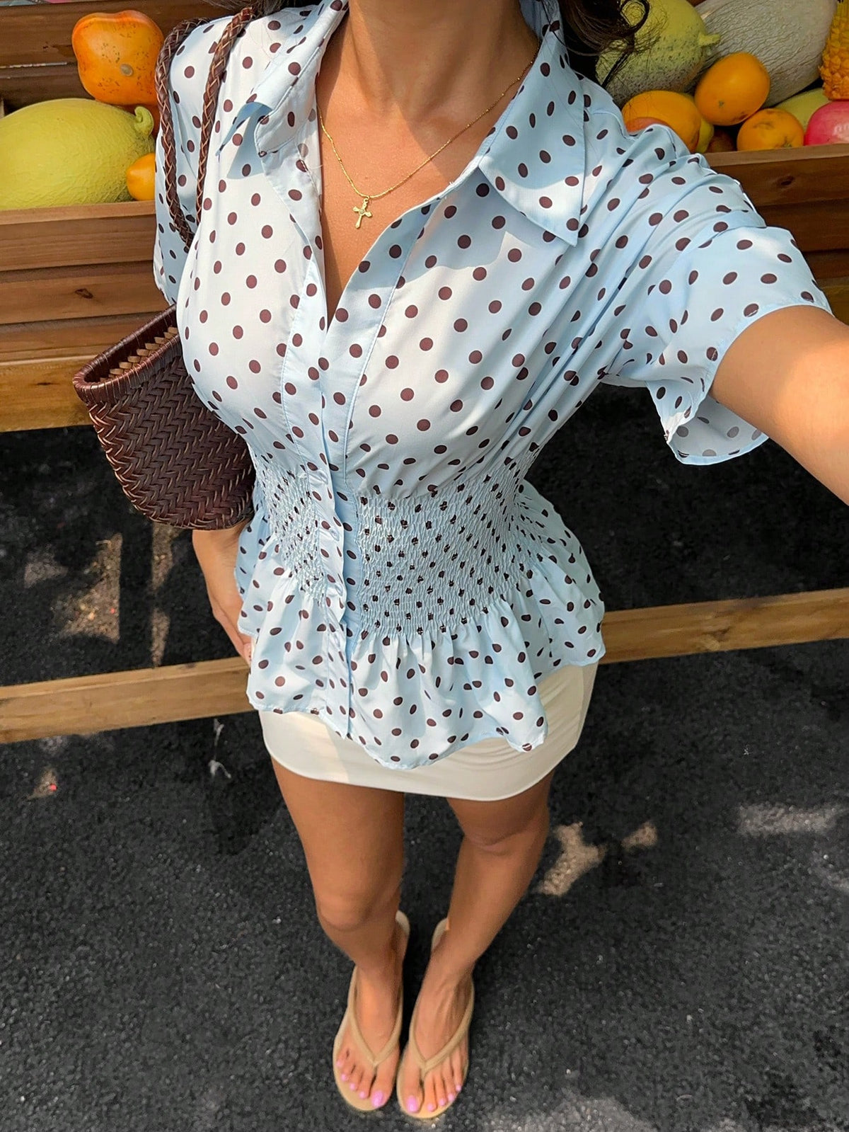 EZwear Summer Blue Polka Dot Shirred Waist Short Sleeve Blouse For Women,Summer Top