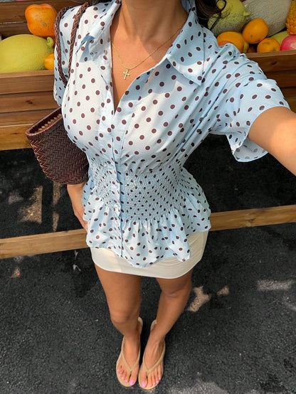 EZwear Summer Blue Polka Dot Shirred Waist Short Sleeve Blouse For Women,Summer Top