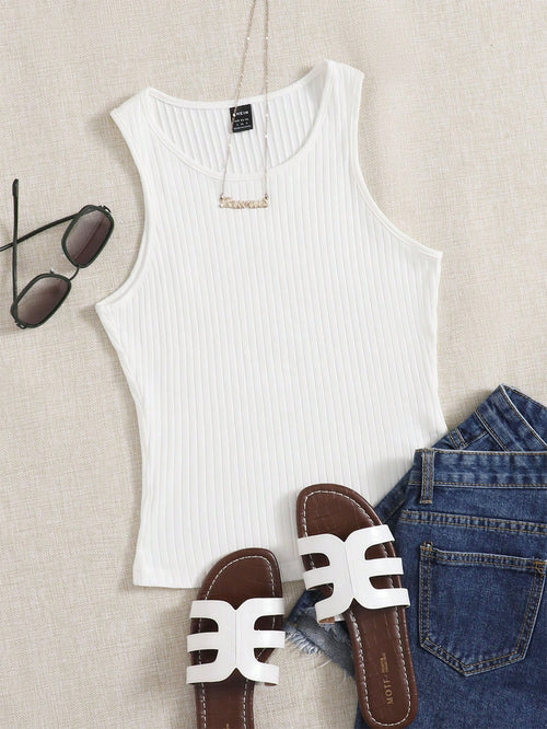 EZwear Summer Outfits Solid Rib Knit Tank Top
