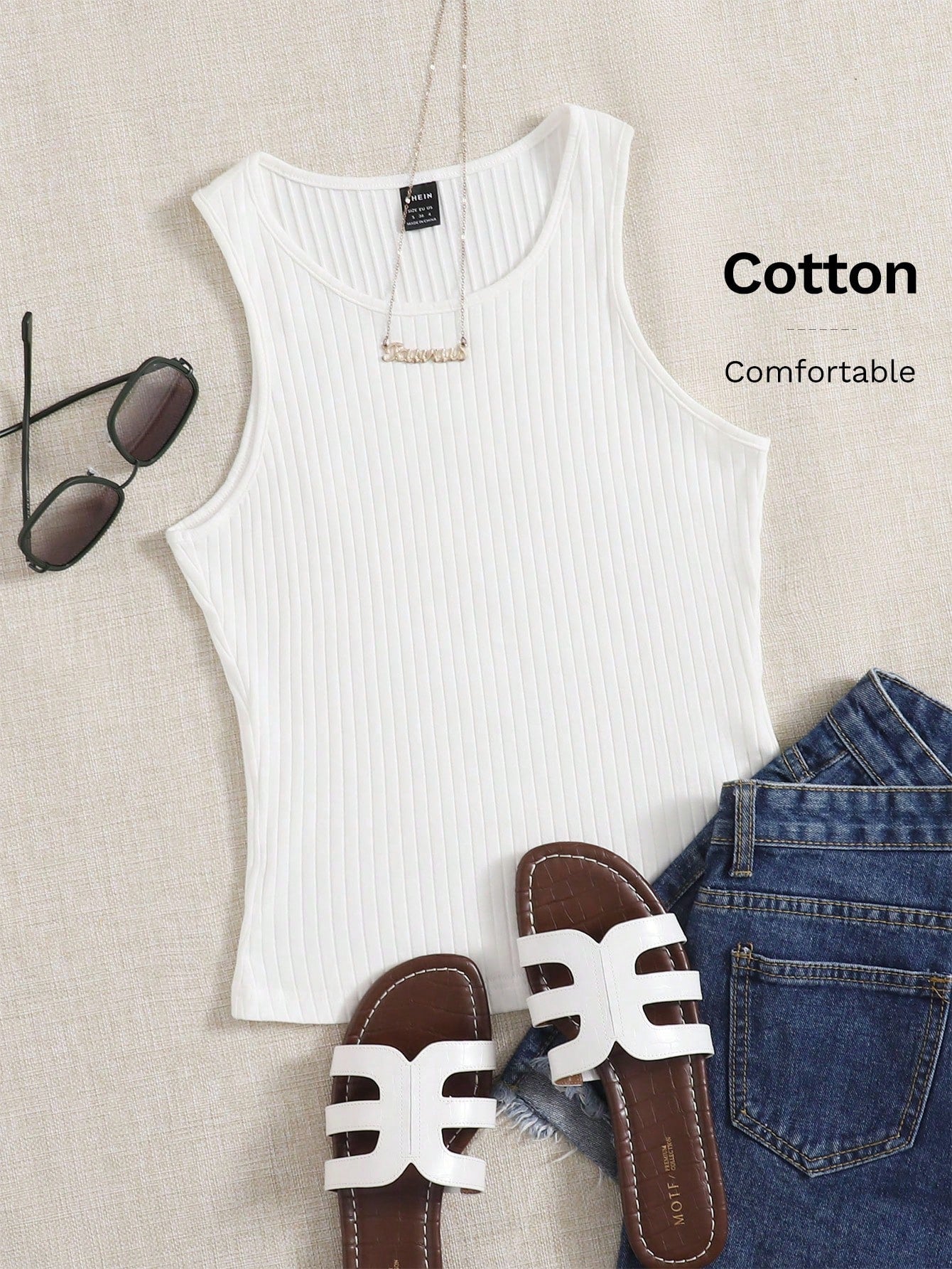 EZwear Summer Outfits Solid Rib Knit Tank Top