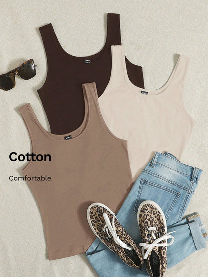 EZwear Summers 3pcs Solid Tank Top, Summer Women Casual Cotton Basic