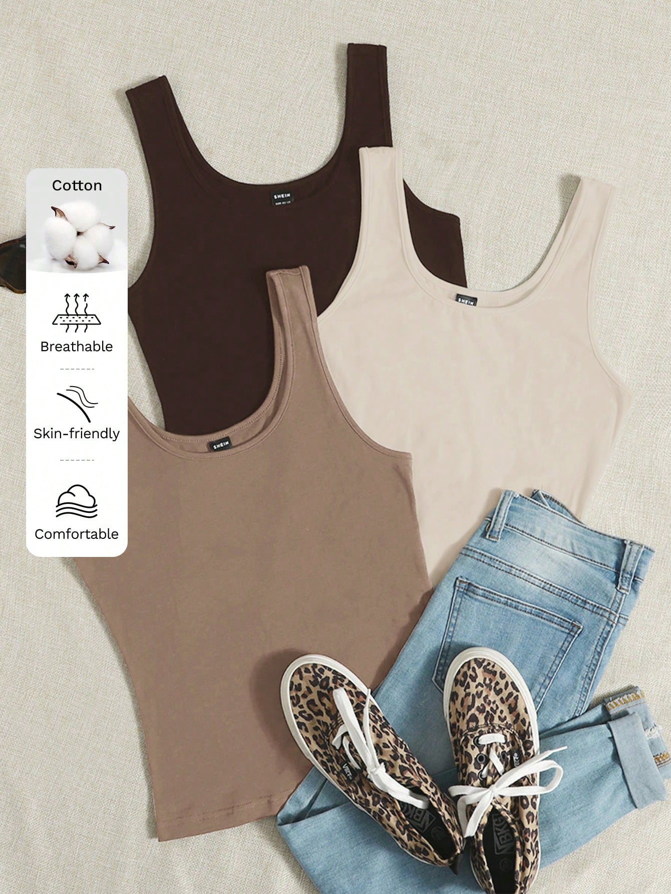 EZwear Summers 3pcs Solid Tank Top, Summer Women Casual Cotton Basic