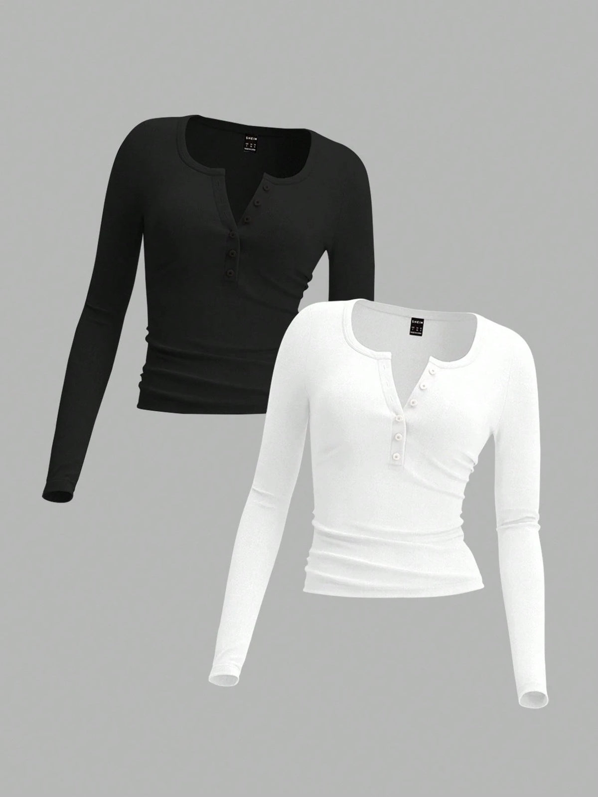 EZwear Two-Piece Set Women Long Sleeve Fitted Front Button Basic Top, Casual Everyday Wear Spring Autumn And Winter Everyday Home Daily Wear Black White