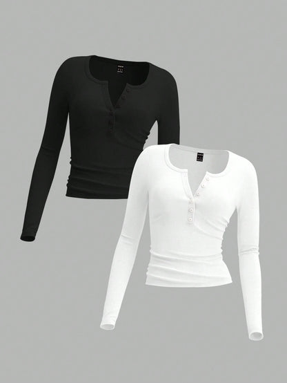 EZwear Two-Piece Set Women Long Sleeve Fitted Front Button Basic Top, Casual Everyday Wear Spring Autumn And Winter Everyday Home Daily Wear Black White