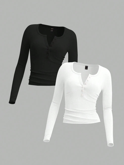 EZwear Two-Piece Set Women Long Sleeve Fitted Front Button Basic Top, Casual Everyday Wear Spring Autumn And Winter Everyday Home Daily Wear Black White