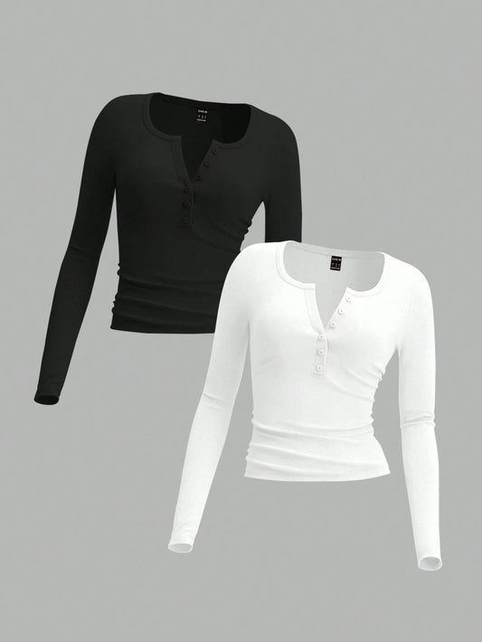 EZwear Two-Piece Set Women Long Sleeve Fitted Front Button Basic Top, Casual Everyday Wear Spring Autumn And Winter Everyday Home Daily Wear Black White