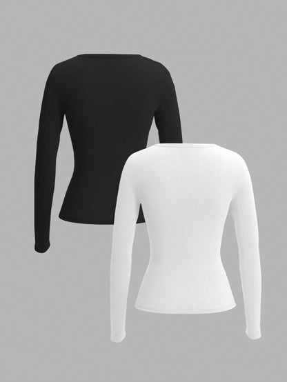 EZwear Two-Piece Set Women Long Sleeve Fitted Front Button Basic Top, Casual Everyday Wear Spring Autumn And Winter Everyday Home Daily Wear Black White