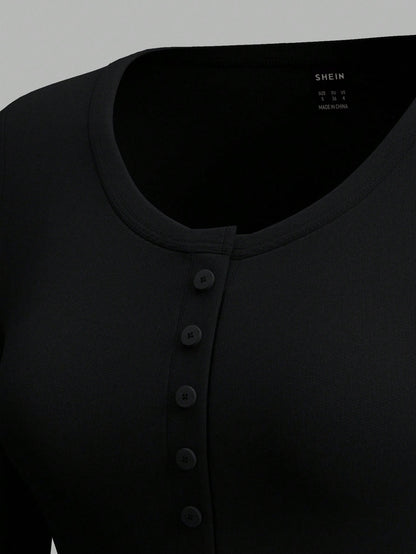 EZwear Two-Piece Set Women Long Sleeve Fitted Front Button Basic Top, Casual Everyday Wear Spring Autumn And Winter Everyday Home Daily Wear Black White