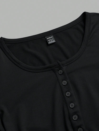 EZwear Two-Piece Set Women Long Sleeve Fitted Front Button Basic Top, Casual Everyday Wear Spring Autumn And Winter Everyday Home Daily Wear Black White