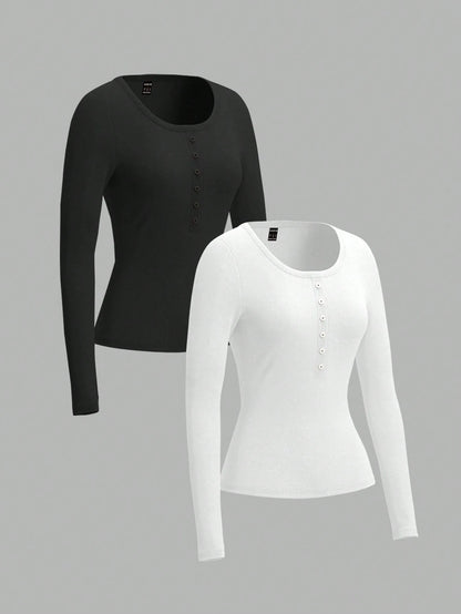 EZwear Two-Piece Set Women Long Sleeve Fitted Front Button Basic Top, Casual Everyday Wear Spring Autumn And Winter Everyday Home Daily Wear Black White