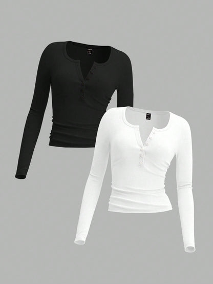 EZwear Two-Piece Set Women Long Sleeve Fitted Front Button Basic Top, Casual Everyday Wear Spring Autumn And Winter Everyday Home Daily Wear Black White
