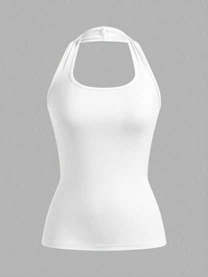 EZwear White Long Casual Halter Top, Suitable For Women In Summer, Slim Fit
