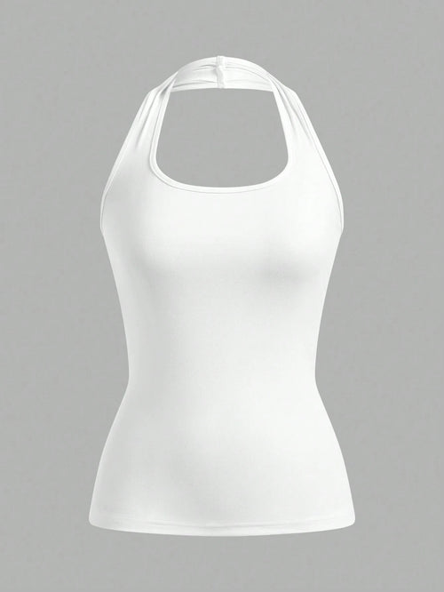 EZwear White Long Casual Halter Top, Suitable For Women In Summer, Slim Fit