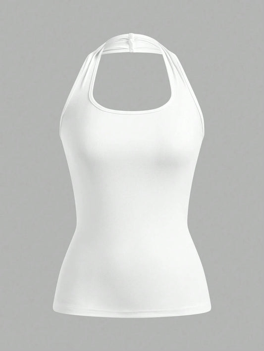 EZwear White Long Casual Halter Top, Suitable For Women In Summer, Slim Fit