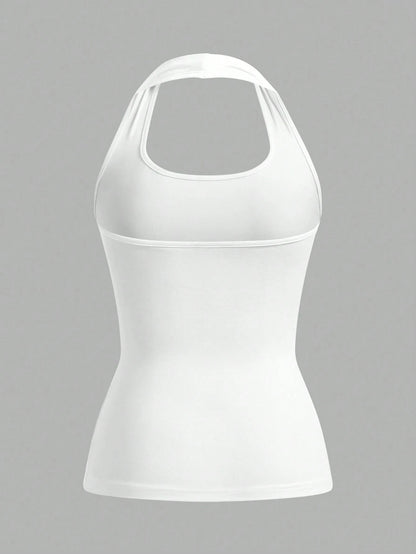 EZwear White Long Casual Halter Top, Suitable For Women In Summer, Slim Fit