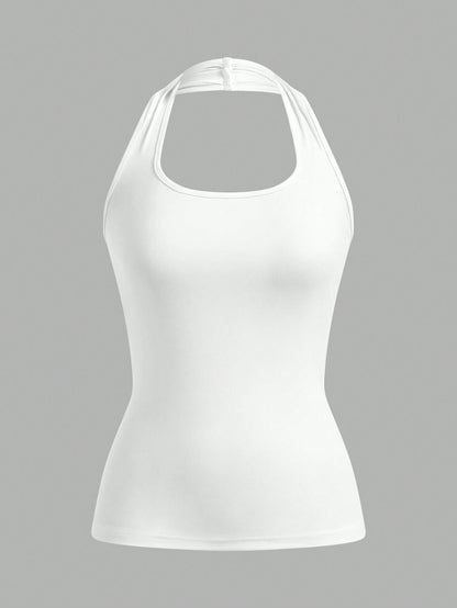 EZwear White Long Casual Halter Top, Suitable For Women In Summer, Slim Fit
